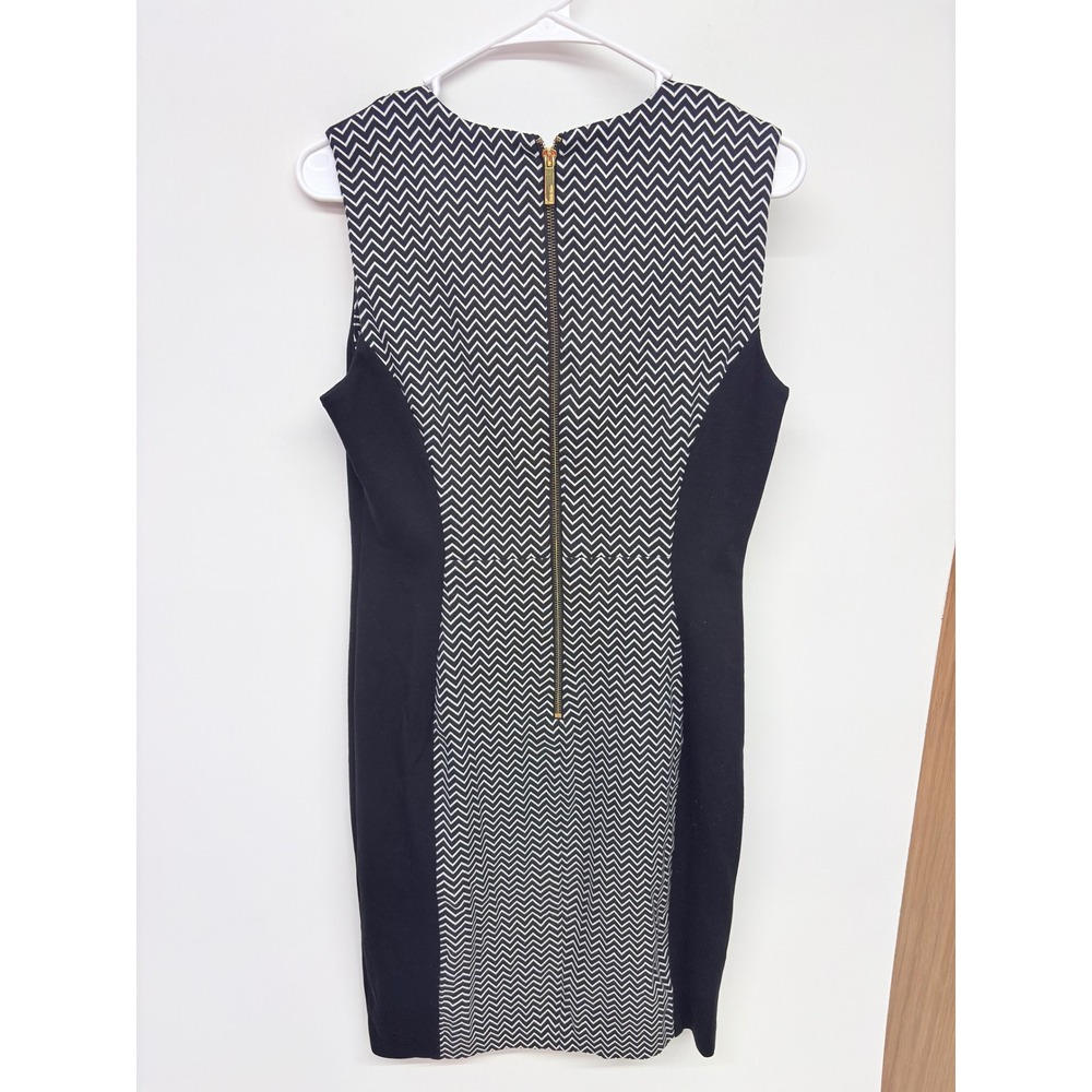 Calvin Klein Mod Sheath Dress Women 10 Black Chevron Gold Zip Corporate Goth